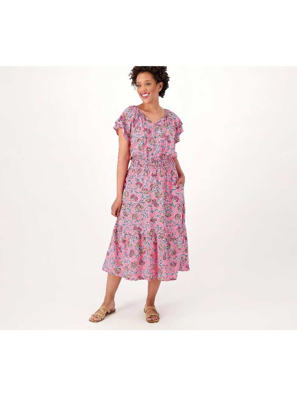 Destination 365 Midi Dress XS Regular Printed Short Sleeve Smocking Fuchsia Pink